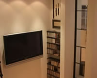 Media Room-iron shelves and side window partition